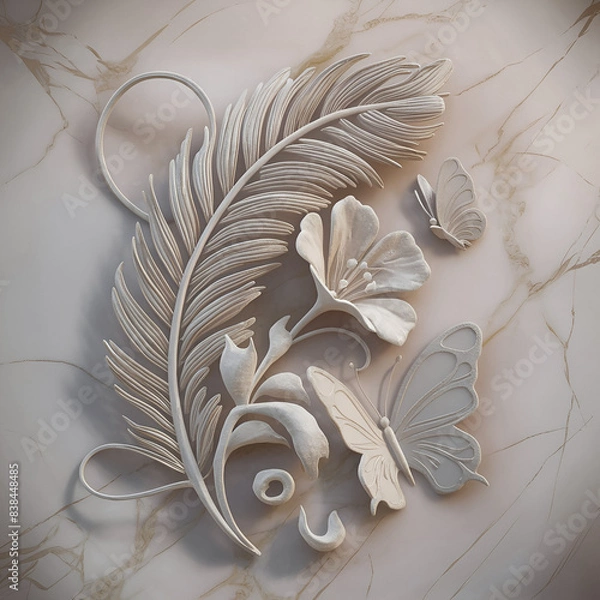 Fototapeta A stunning 3D render illustration of a luxurious marble backdrop, adorned with intricate silhouettes of a feather, flower, and butterfly.