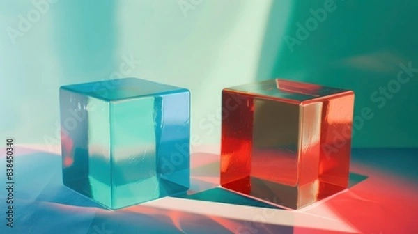 Obraz Colorful transparent acrylic cubes reflecting light in vibrant background with teal and red hues