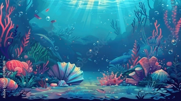 Fototapeta Underwater scene featuring various fish and seaweed on the ocean floor.

