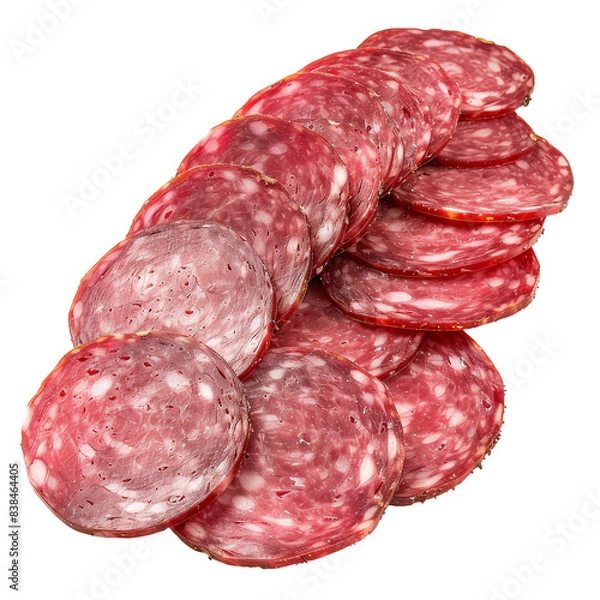 Fototapeta A close-up shot of thinly sliced salami arranged in a decorative pattern.  The red and grey meat is a delicious and versatile ingredient, transparent background png