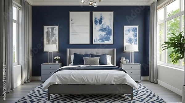 Fototapeta Modern bedroom interior with blue and white color scheme, elegant furniture, and large windows filling the room with natural light.