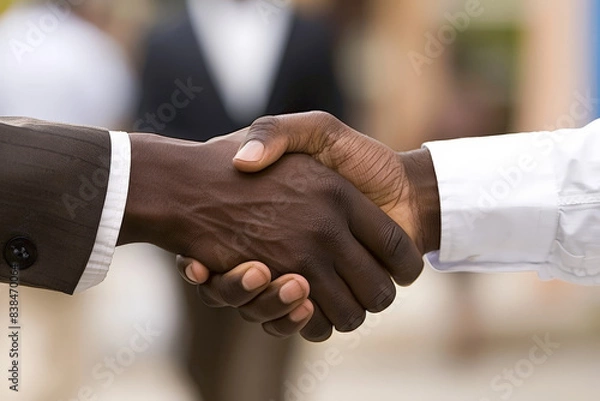 Fototapeta Close-up image showing a professional handshake between two black men, one wearing a black suit and the other in white