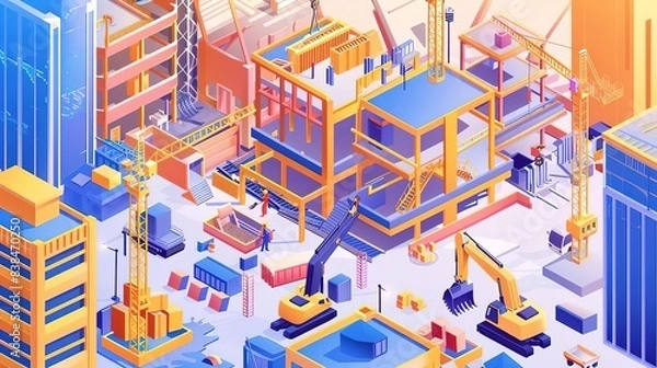 Fototapeta Isometric illustration of a construction site with cranes, buildings, and workers