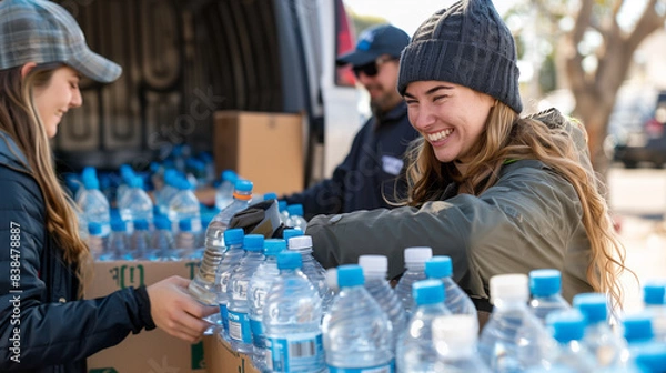 Obraz Smiling of volunteers packing water bottles into cardboard boxes outside truck. Group volunteer working.