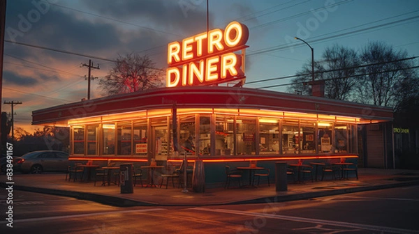 Fototapeta  1950s retro diner with neon light signboard