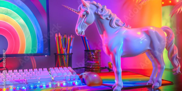 Fototapeta The Technicolor Unicorn: A unicorn statue, standing proudly next to a rainbow-themed desktop and a colorful keyboard.