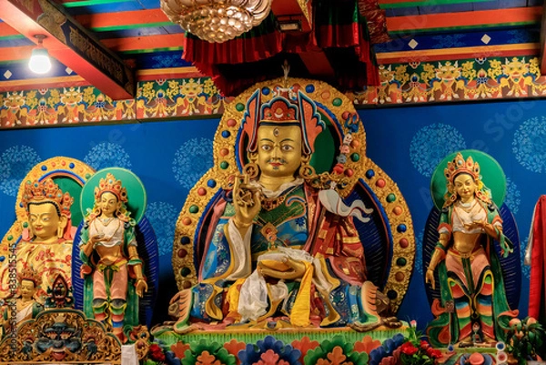 Obraz Buddhist temple interior featuring ornate decorations, statues of buddha, and traditional architecture. Serene atmosphere with intricate details, golden accents, religious and cultural artifacts Nepal