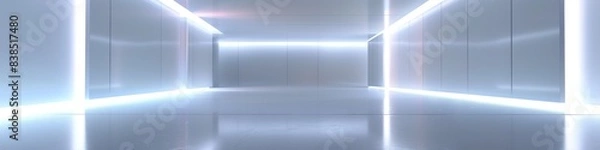 Fototapeta Empty Large Room with White Interior, Illuminated by Neon Lights