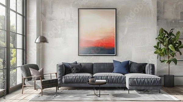 Fototapeta Frame mockup for ISO A paper size. Living room wall poster mockup in a modern interior design setting with a house background. 3D render. 