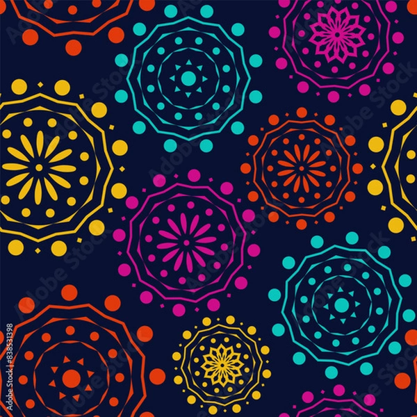 Fototapeta Vector. Perforated geometric patterns Papel Picado pattern. Hispanic Heritage Month. Polygonal seamless pattern for poster, cover, social network; for textiles, wallpaper, packaging, wrapping paper.