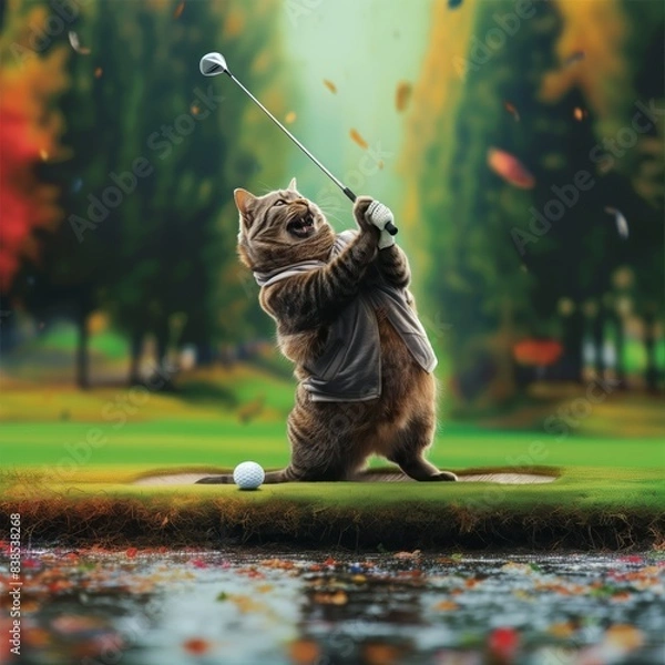 Obraz A Cat trying to play golf.