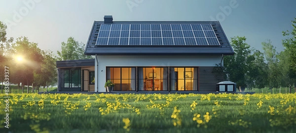Fototapeta Eco friendly passive house with a photovoltaic system on the roof. 3D render of a modern house with solar energy panels. Renewable energy concept.