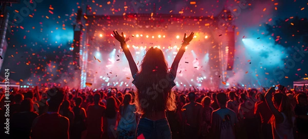 Fototapeta Live, rock concert, party, festival night club crowd cheering, stage lights. music concert performance in a huge young crowd stadium. Dancing girl with raised hands at a music festival.	