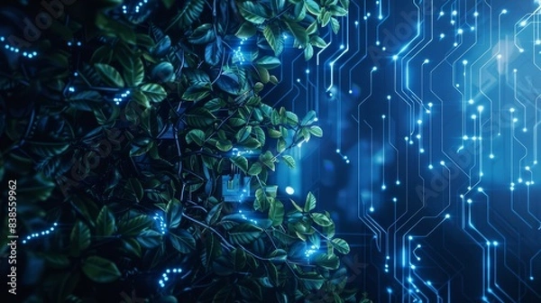 Fototapeta Abstract background with digital glowing lights and circuit board wall with natural leaves and vines elements on a dark blue background, high quality rendered illustration of an futuristic technology