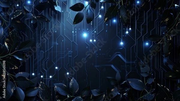 Fototapeta Abstract background with digital glowing lights and circuit board wall with natural leaves and vines elements on a dark blue background, high quality rendered illustration of an futuristic technology