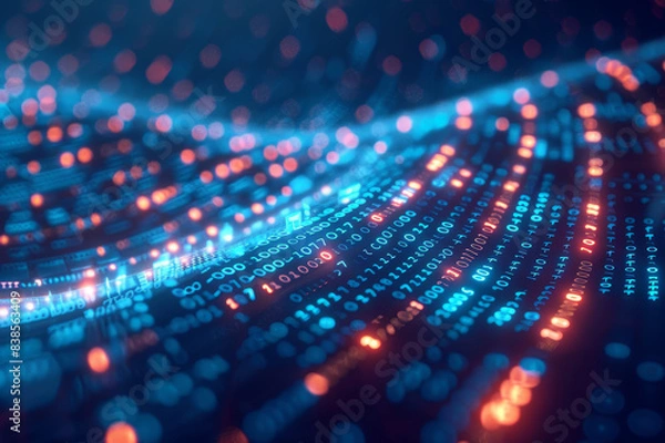 Fototapeta Illustration of abstract digital patterns intertwining with binary code representing the move towards digital transformation and innovation.. AI generated.