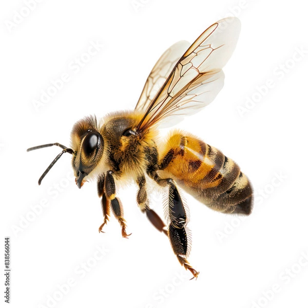Fototapeta a stunning bee is flying, isolated on transparent background, macro, incredible pollinator. PNG Format