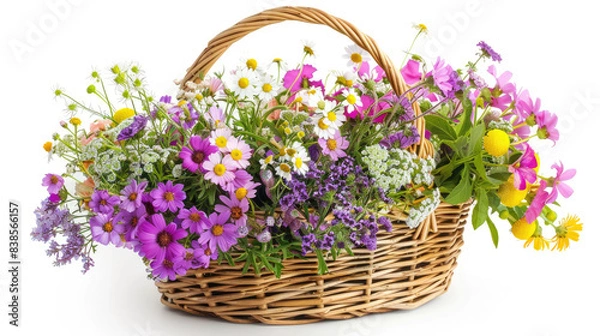 Fototapeta various colorful blooming flowers with green stems and leaves in a wicker basket isolated on a white background