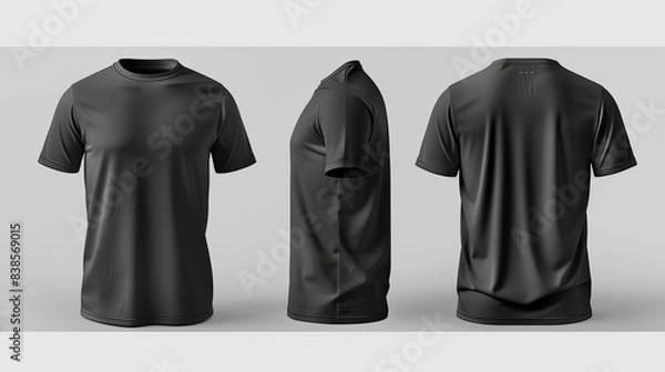 Fototapeta Blank black clean tshirt mockup isolated in front and back views 3D rendering Empty gray undershirt model mockup Clear dark classic soccer shirt template