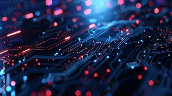 Fototapeta Abstract background with digital glowing lights and circuit board wall underwater elements on a dark blue background, high quality 3D rendered illustration of an abstract futuristic technology