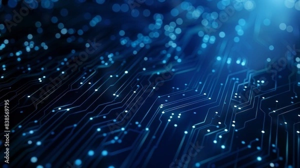 Fototapeta Abstract background with digital glowing lights and circuit board wall underwater elements on a dark blue background, high quality 3D rendered illustration of an abstract futuristic technology