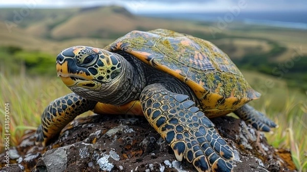 Fototapeta Turtle sits on a rock and basks in the sun