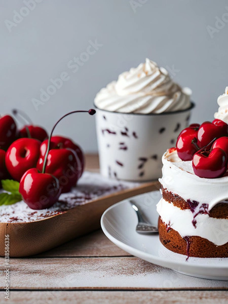 Fototapeta Cream sponge cake with meringue icing and berries