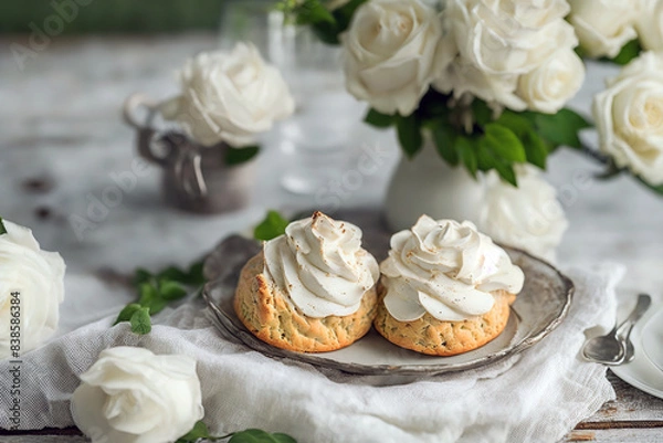Fototapeta Cakes with snow-white icing, white rose flowers.