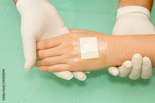 Fototapeta doctor applying plaster on pateint's hand