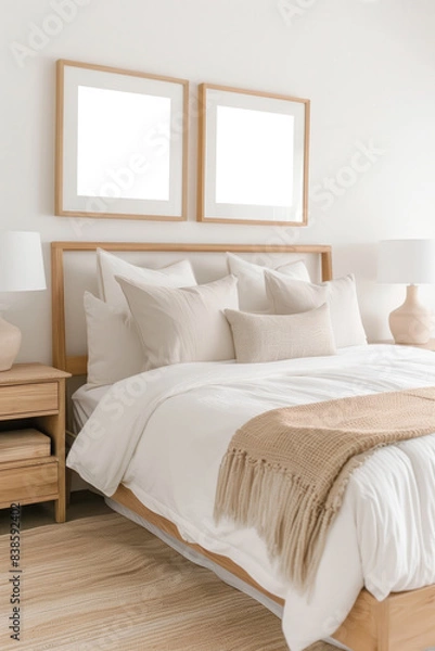 Fototapeta Bedroom with modern interior, wooden furniture and mock-up frames for wall decoration