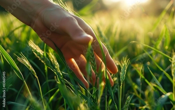 Fototapeta Closeup of a young man's hand gently touching green grass and healthy wheat plants in a field under sunlight.