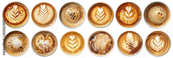 Fototapeta Coffee cups top view. Hot cappuccino or latte coffee with milk foam and coffee art, flavored coffee cups isolated on transparent background. Cut out coffee mugs view from above