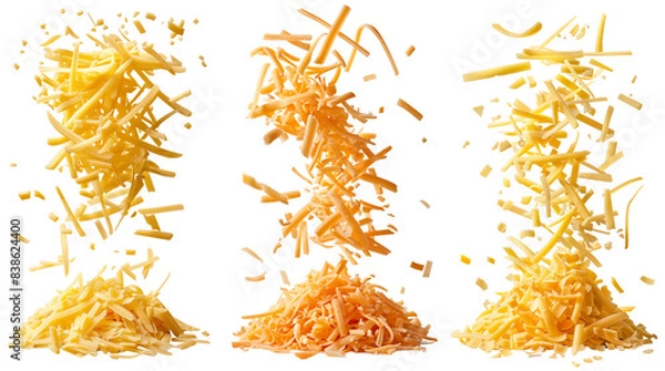 Fototapeta Falling grated cheese. Cheese shavings falls into cheese heap, delicious cheese for cooking isolated set on transparent background. Cut out grated cheese collection