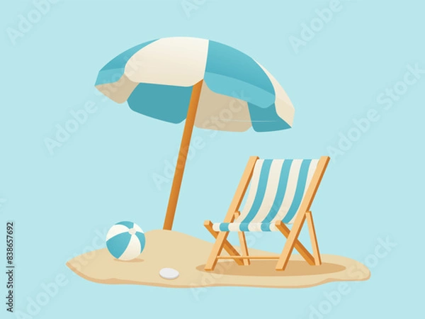 Obraz Vector illustration of Wooden Beach Chair, blue Umbrella, and Ball. Summer holiday on the beach vector illustration.Time to travel concept