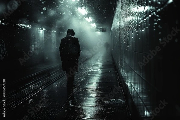 Fototapeta Moody atmospheric photograph of an urban subway station with silhouetted figures, misty surroundings, and reflections on wet surfaces creating an eerie, cinematic effect
