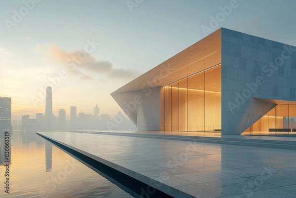 Fototapeta Concrete outdoor square building, The modern urban skyline is in the background.