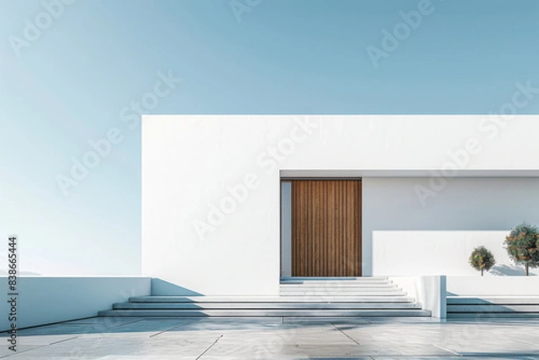 Fototapeta White Building on a blue sky backdrop.Modern concrete architecture.
