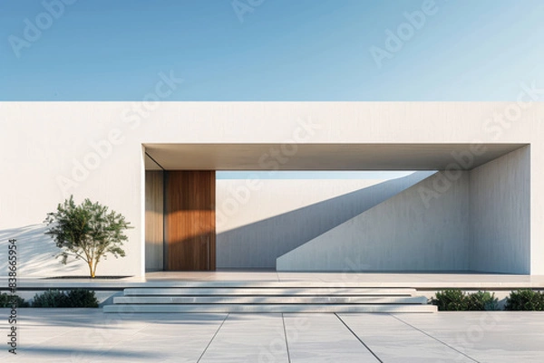 Fototapeta White Building on a blue sky backdrop.Modern concrete architecture.
