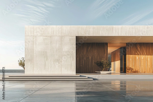 Fototapeta White Building on a blue sky backdrop.Modern concrete architecture.
