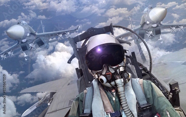 Fototapeta Jet fighter pilot in cockpit view with wingman support