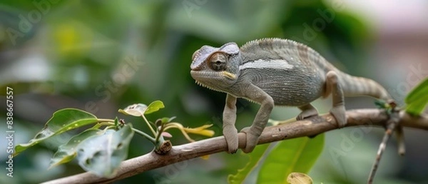 Fototapeta chameleon walking on a branch, blurred background