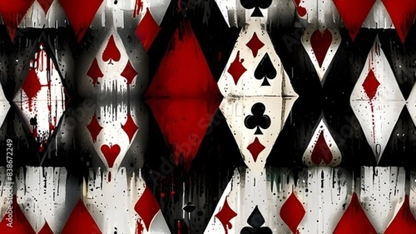 Fototapeta Seamless diamonds playing card suit pattern painted with black, white and red paint. Tileable grunge hand drawn Alice in Wonderland wallpaper motif. Gaming, gambling or poker background texture Genera