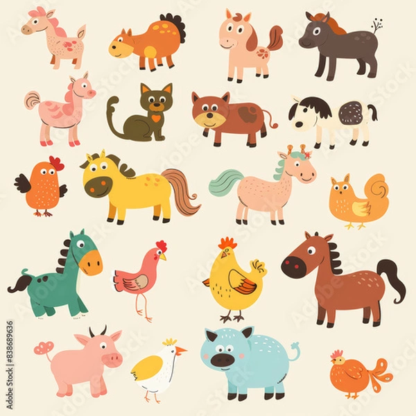 Fototapeta Adorable Vector Set of Simple Animal Drawings – Includes Kids' Illustrations of Dogs, Cats, Chickens, Horses, and Pigs in a Fun and Playful Cartoon Style