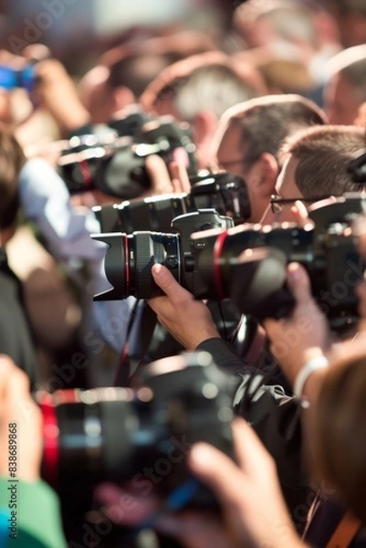 Fototapeta Professional Photography of journalists live-tweeting from a press event or conference, providing real-time updates to their, Generative AI