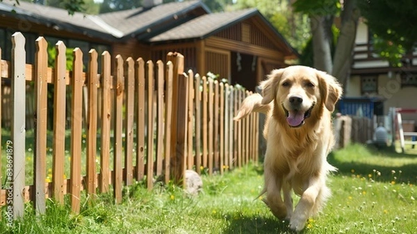 Obraz A family, along with their golden retriever, is putting up a wooden fence around their new house. The dog is playfully running around the yard.
