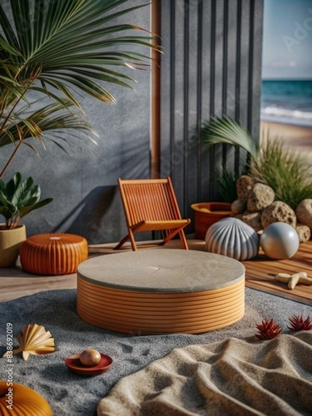 Fototapeta Modern Outdoor Podium for Product Display with Tropical Beach Background, Perfect for Showcasing Items in a Natural and Relaxing Setting