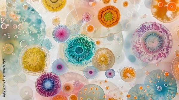 Obraz Delicate watercolor scene of bacteria colonies on a Petri dish, vibrant hues depicting their organic patterns