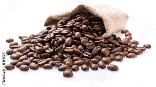 Fototapeta Roasted coffee bean in sack bag isolated on white background