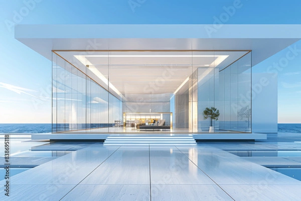 Fototapeta White Building on a blue sky backdrop.Modern concrete architecture.
