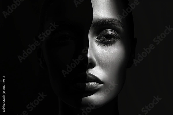 Fototapeta a woman, with half of her face illuminated and the other in shadow